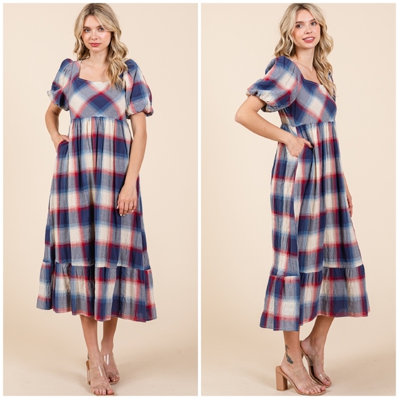 POLAGRAM Plaid Pattern Short Sleeves Midi Dress - Picture 3 of 11